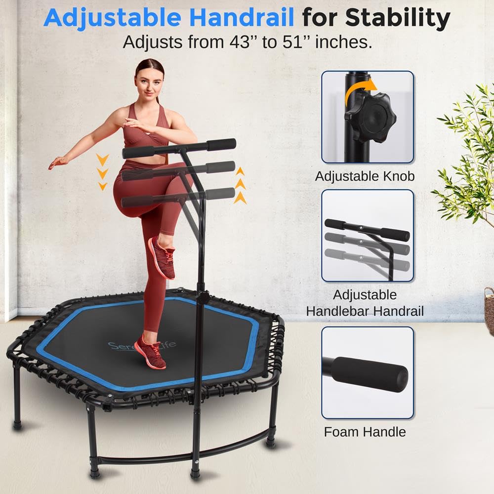 SereneLife 48" Foldable Mini Trampoline - Compact Fitness Trampoline for Kids Adults, Exercise Bungee Rebounder with Adjustable Foam Handle, Indoor/Garden Workout Equipment, Max Load 264 lbs