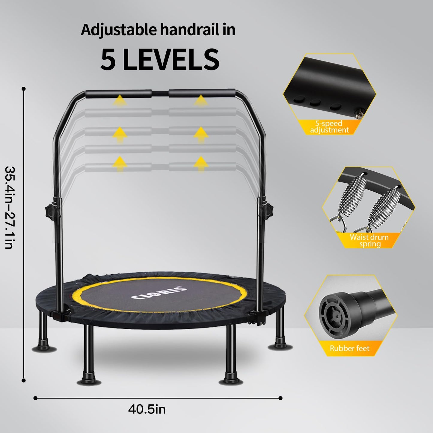 CLORIS 40in Folding Trampoline Mini Rebounder Fitness Trampoline with Adjustable Foam Handle for Kids/Adult, with safty Padded Cover Best Gift for Kids/Adult (40in-Black)