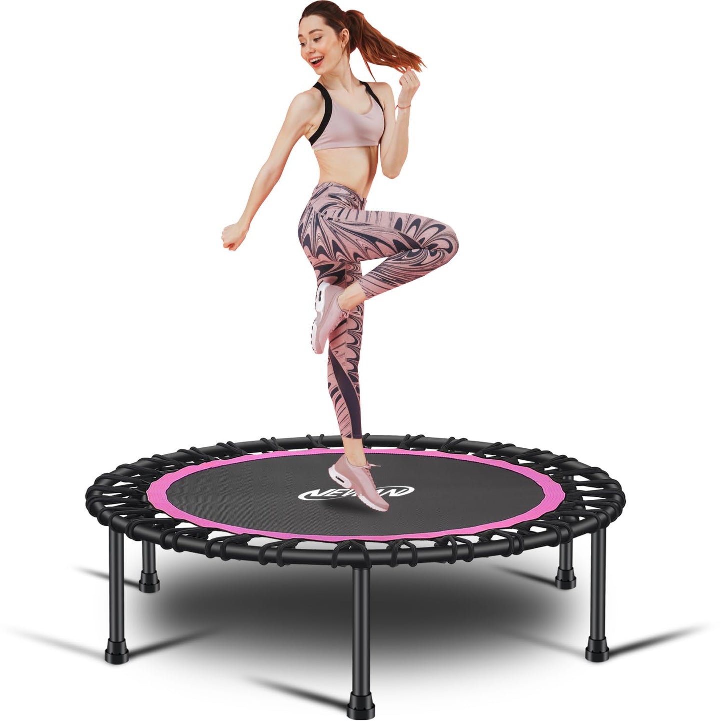 Newan 40'' Silent Fitness Mini Trampoline - Indoor Rebounder for Adults - Best Urban Cardio Jump Fitness Workout Trainer, Covered Bungee Rope System - Max Limit 330 lbs