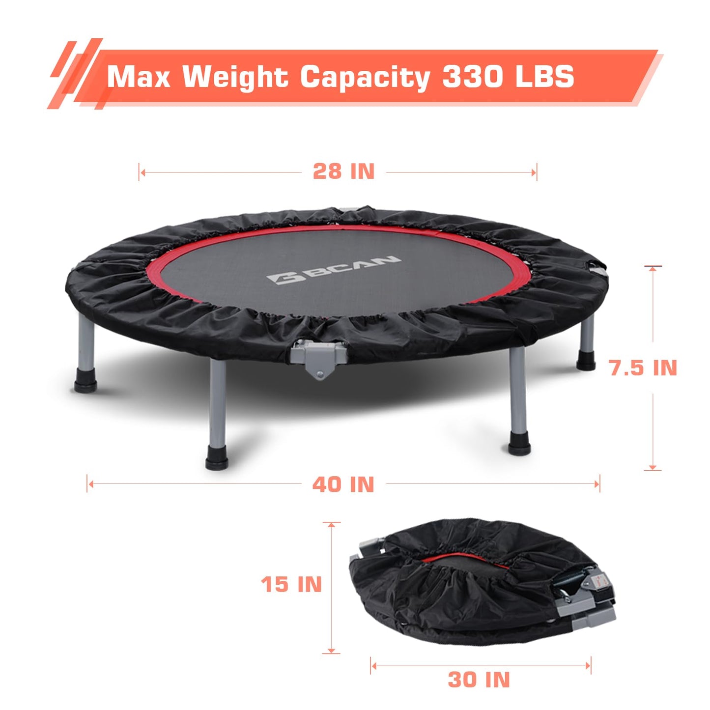 BCAN 40" Foldable Mini Trampoline Fitness Trampoline with Safety Pad, Rebounder Exercise Trampoline for Adults Indoor/Garden Workout, Max Load 330lbs, Black