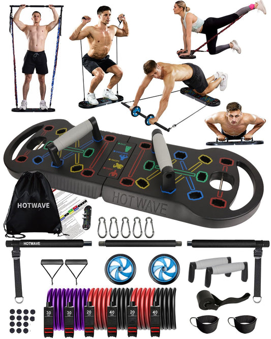 HOTWAVE Portable Exercise Equipment with 16 Gym Accessories.20 in 1 Push Up Board Fitness,Resistance Bands with Ab Roller Wheel,Full Body Workout at Home