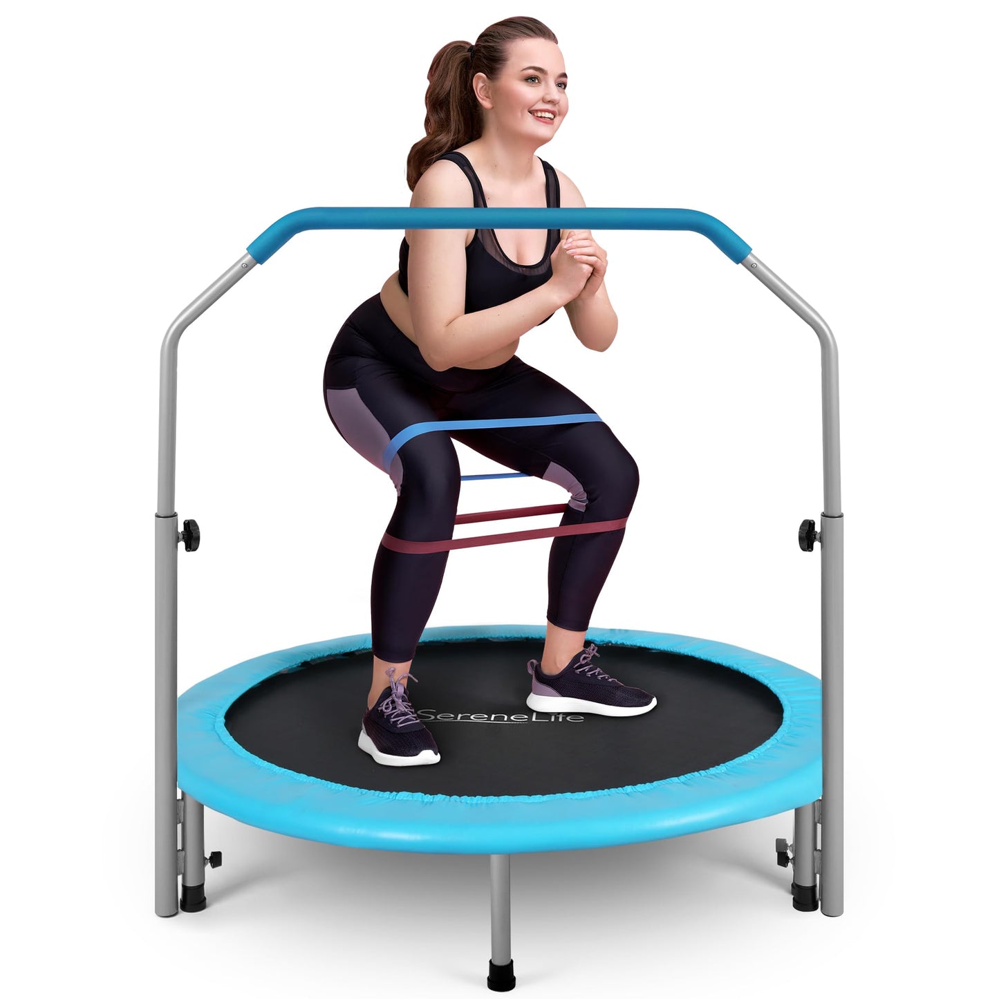 SereneLife 40" Foldable Mini Trampoline - Compact Fitness Trampoline for Kids Adults, Exercise Rebounder with Adjustable Foam Handle, Indoor/Garden Workout Equipment, Max Load 200 lbs, Sky Blue