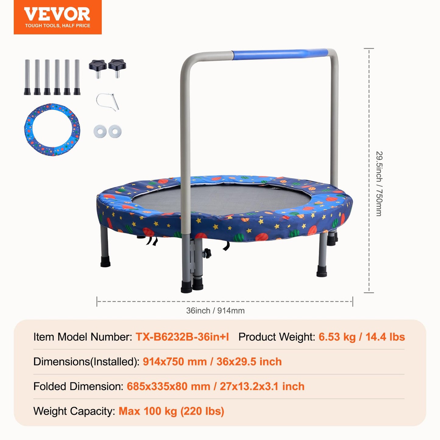 VEVOR 36" Kids Trampoline, 3FT Indoor Outdoor Trampoline, Foldable Mini Trampoline with Handle, Rebounder Trampoline for Toddlers, Birthday Gift for 3+ Years Children, Boys Girls for Fun, Bule