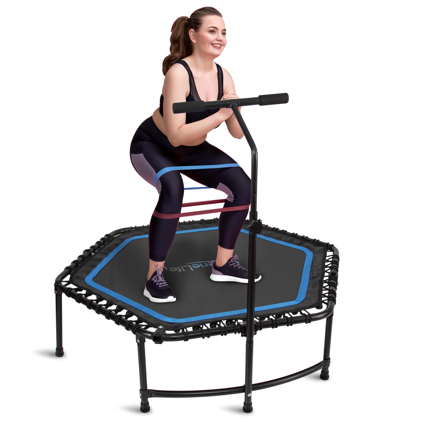 SereneLife 48" Foldable Mini Trampoline - Compact Fitness Trampoline for Kids Adults, Exercise Bungee Rebounder with Adjustable Foam Handle, Indoor/Garden Workout Equipment, Max Load 264 lbs