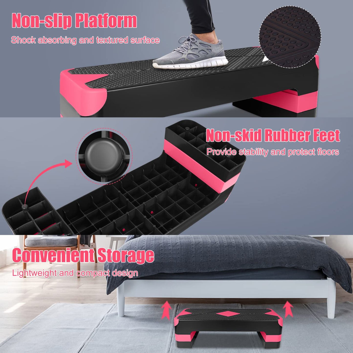 Adjustable Workout Aerobic Stepper in Fitness & Exercise Step Platform Trainer 3 settings adjustable height 4”-6”-8”