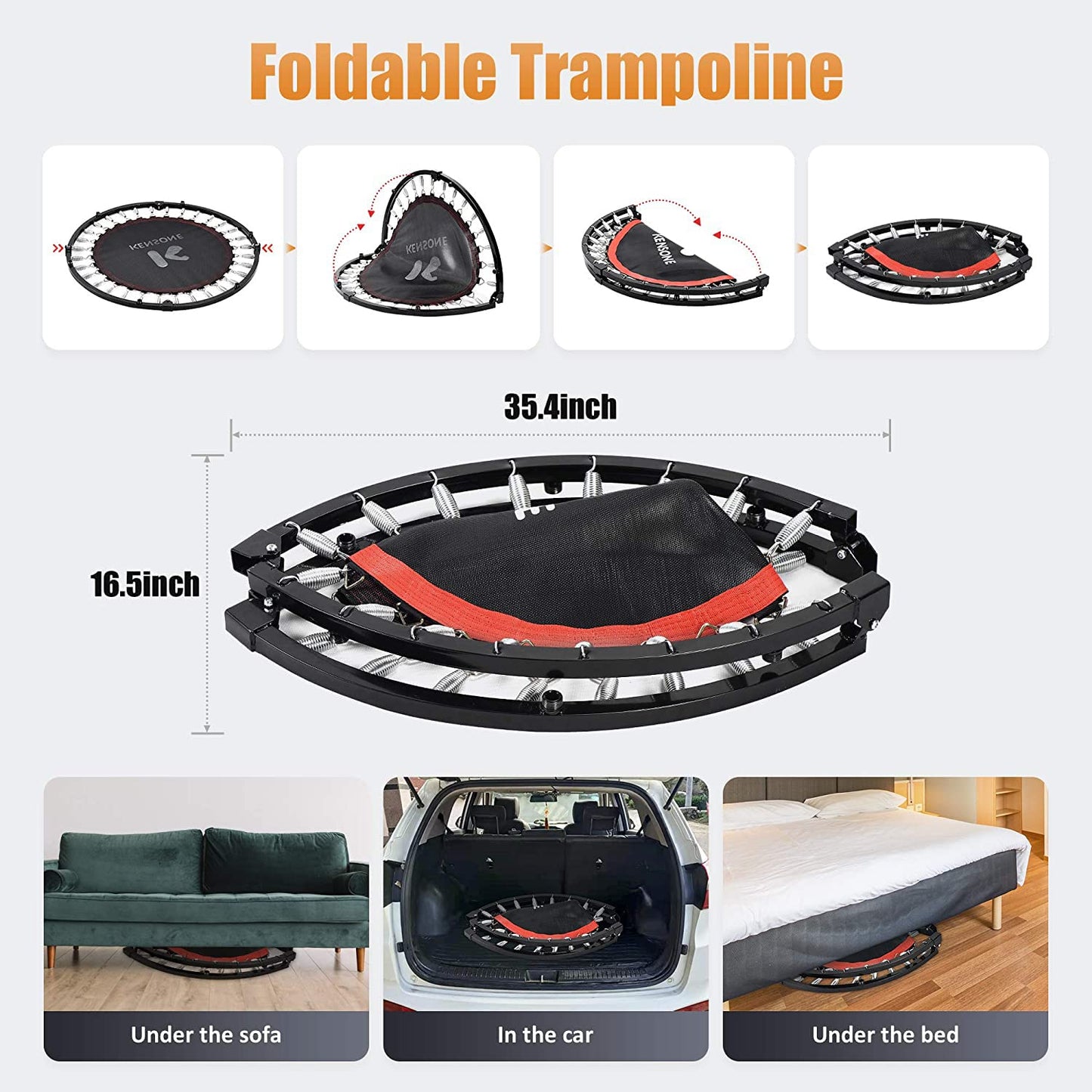 KENSONE 48" Foldable Mini Trampoline, Indoor Trampoline for Kids, Adults Indoor/Garden Workout, Fitness Rebounder with Adjustable Foam Handle, Max Load 450 lbs