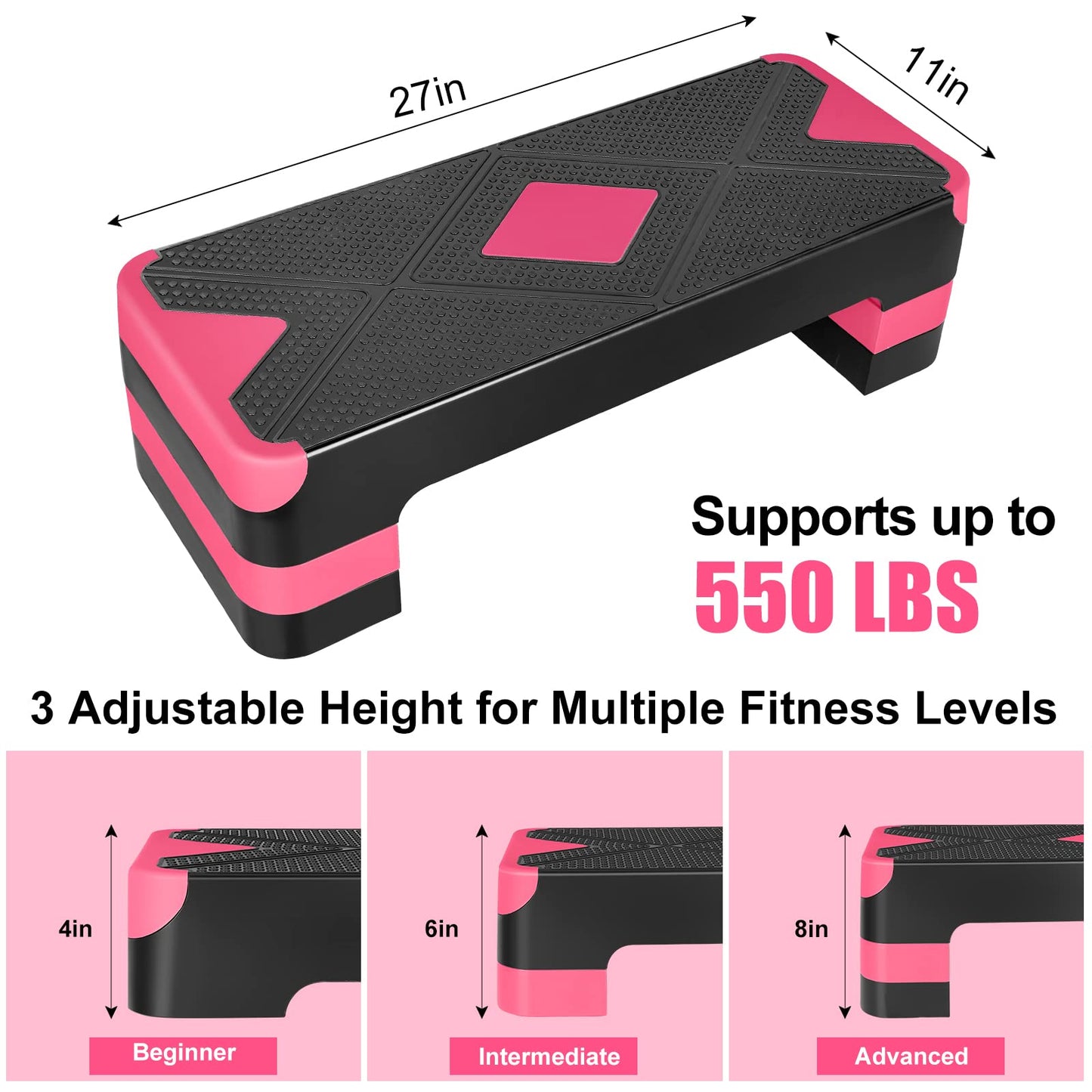 Adjustable Workout Aerobic Stepper in Fitness & Exercise Step Platform Trainer 3 settings adjustable height 4”-6”-8”