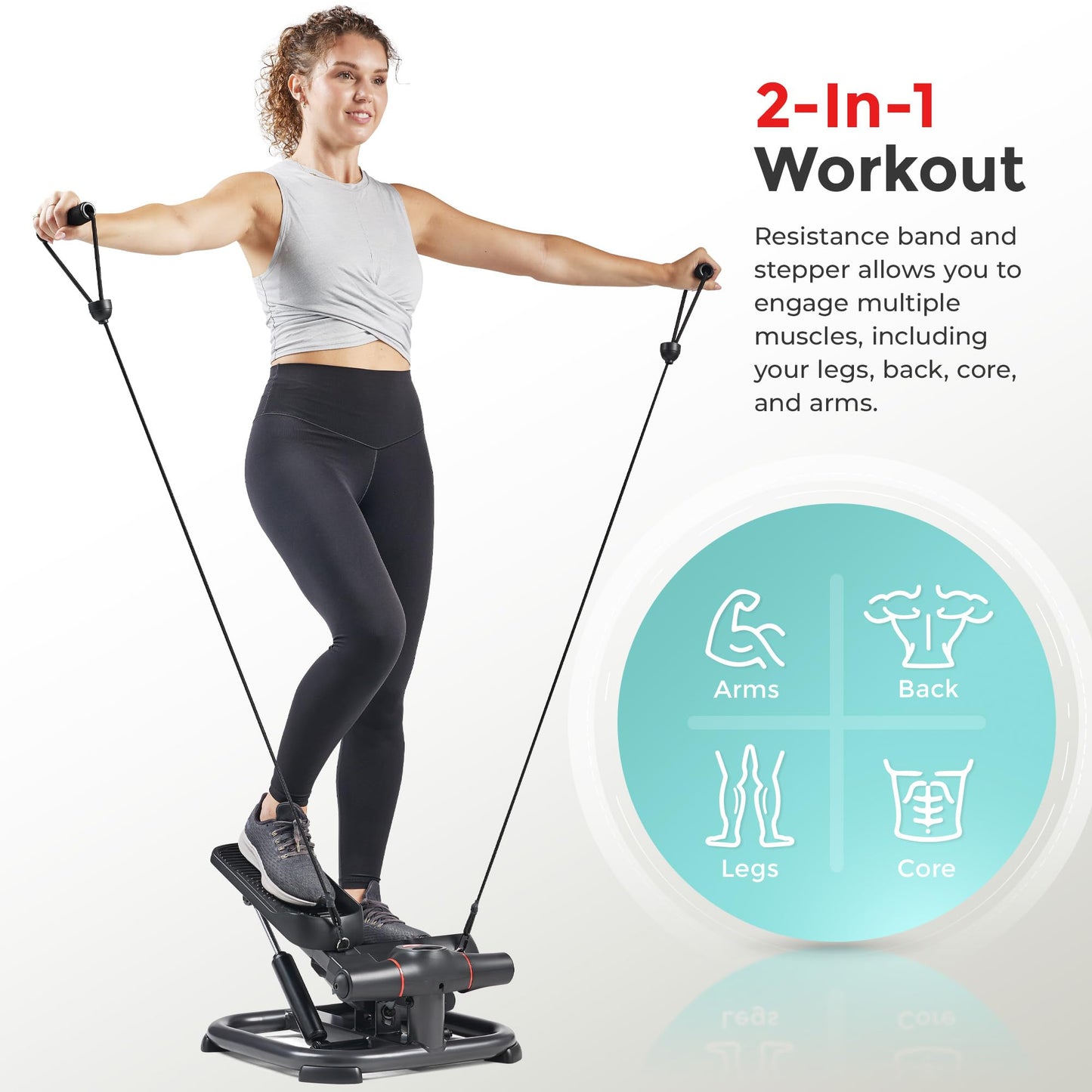 Sunny Health & Fitness 2-in-1 Premium Power Stepper with Resistance Bands, Low-Impact Cardio, Space-Saving, Height-Adjustable, 330 LB Max and SunnyFit® App Enhanced Bluetooth Connectivity SF-S021054