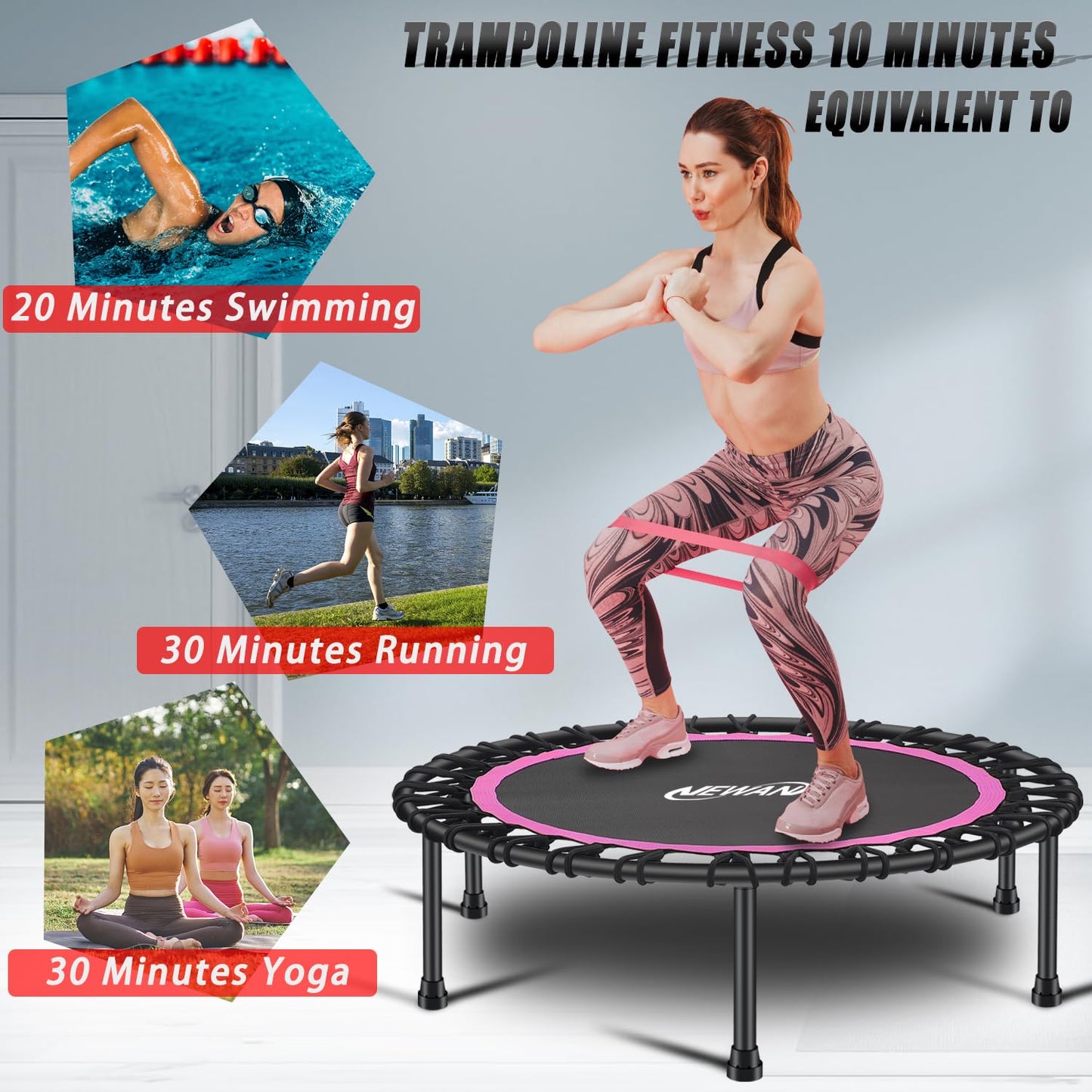 Newan 40'' Silent Fitness Mini Trampoline - Indoor Rebounder for Adults - Best Urban Cardio Jump Fitness Workout Trainer, Covered Bungee Rope System - Max Limit 330 lbs