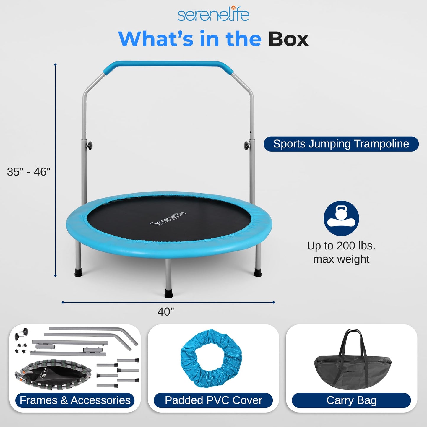 SereneLife 40" Foldable Mini Trampoline - Compact Fitness Trampoline for Kids Adults, Exercise Rebounder with Adjustable Foam Handle, Indoor/Garden Workout Equipment, Max Load 200 lbs, Sky Blue