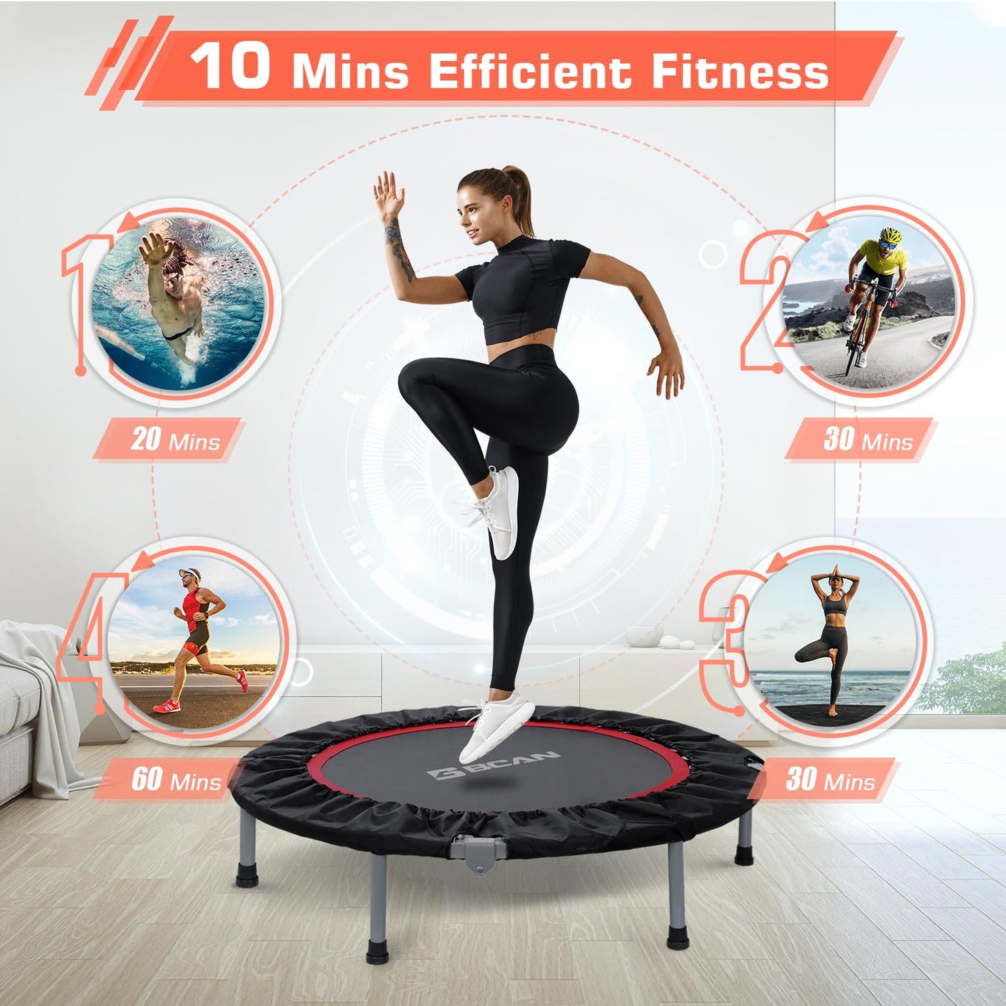 BCAN 40" Foldable Mini Trampoline Fitness Trampoline with Safety Pad, Rebounder Exercise Trampoline for Adults Indoor/Garden Workout, Max Load 330lbs, Black