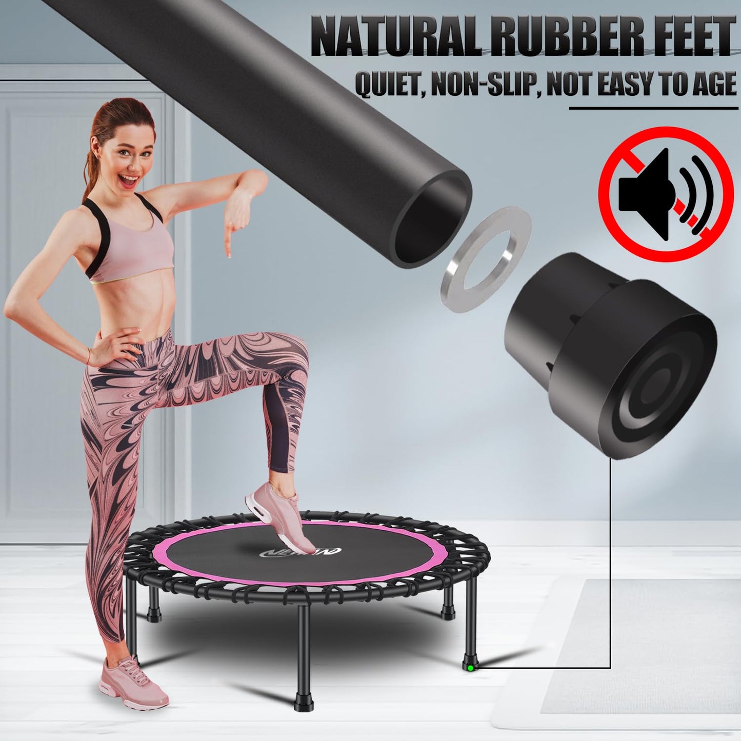 Newan 40'' Silent Fitness Mini Trampoline - Indoor Rebounder for Adults - Best Urban Cardio Jump Fitness Workout Trainer, Covered Bungee Rope System - Max Limit 330 lbs