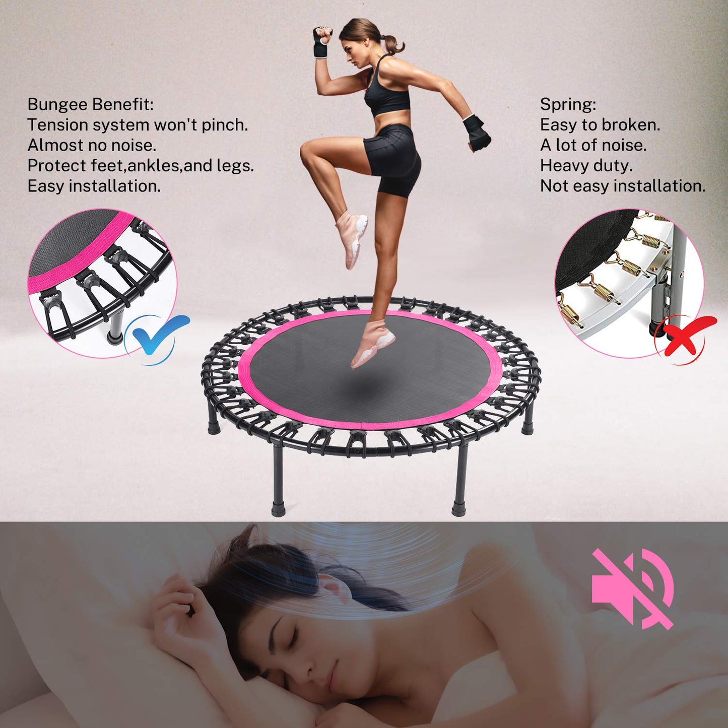 Mini Fitness Trampoline with Bungees – Stable & Quiet Rebounder for Adults, Perfect for Indoor & Outdoor Workouts