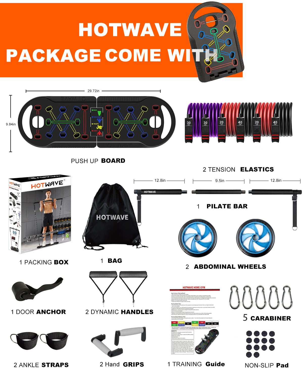 HOTWAVE Portable Exercise Equipment with 16 Gym Accessories.20 in 1 Push Up Board Fitness,Resistance Bands with Ab Roller Wheel,Full Body Workout at Home