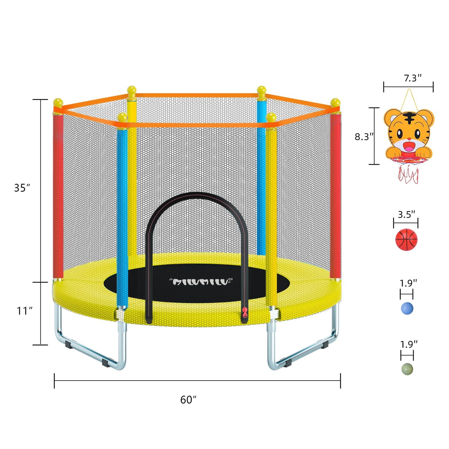 Indoor Outdoor 60" Trampoline for Kids,MILUMILU Toddler Trampoline with Safety Enclosure Net,Mini Baby Trampoline with Basketball Hoop,Trampoline Jumping Mat Birthday Gifts for Children Boy Girl.