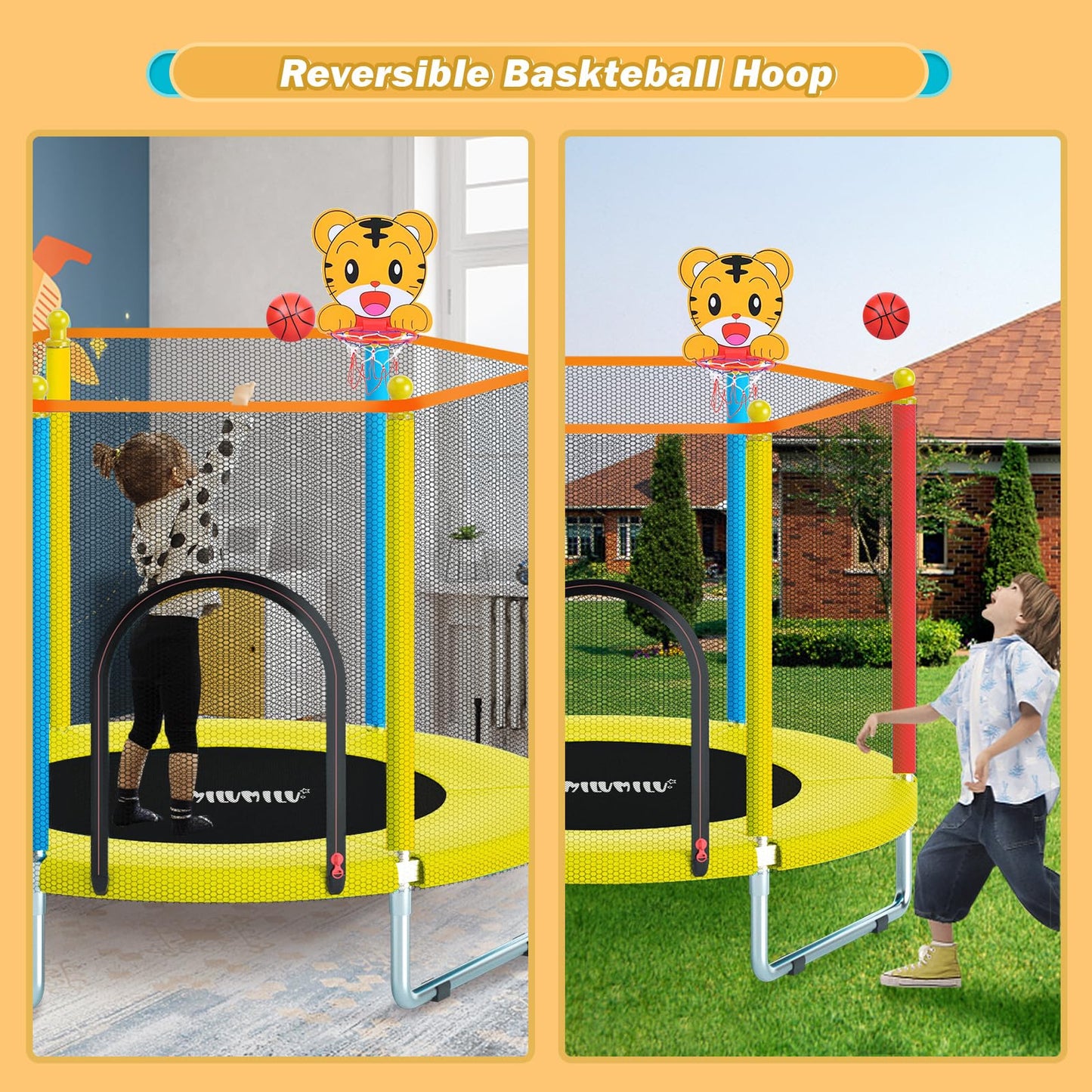 Indoor Outdoor 60" Trampoline for Kids,MILUMILU Toddler Trampoline with Safety Enclosure Net,Mini Baby Trampoline with Basketball Hoop,Trampoline Jumping Mat Birthday Gifts for Children Boy Girl.