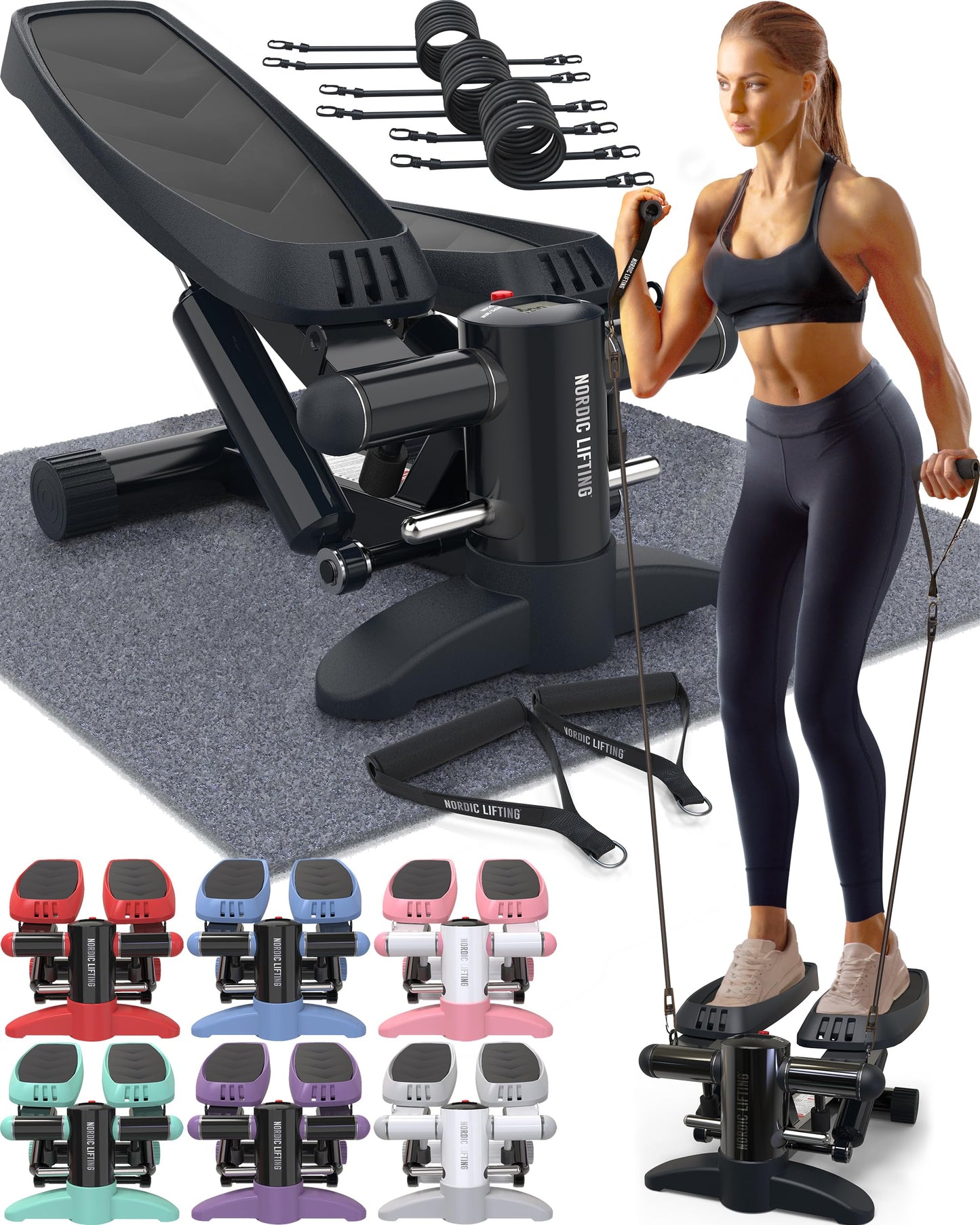 Nordic Lifting Mini Stepper & Stair Climber Machine - w/Resistance Bands Set & Non-Slip Foot Pads - Durable Construction with 330 LBS Weight Capacity - LCD Monitor - Black