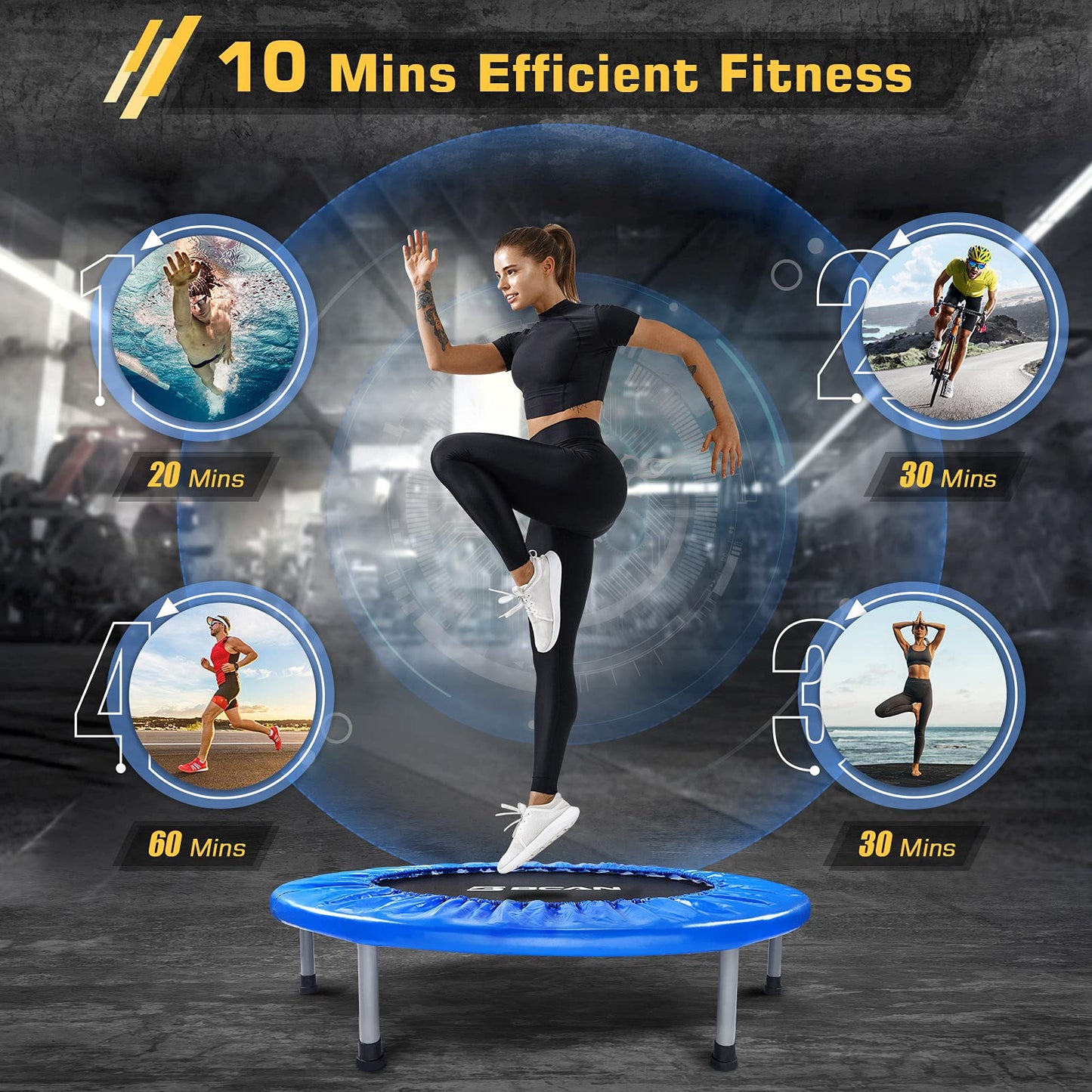 BCAN 38" Foldable Mini Trampoline Fitness Trampoline with Safety Pad,Rebounder Exercise Trampoline for Adults Indoor/Garden Workout,Max Load 300lbs