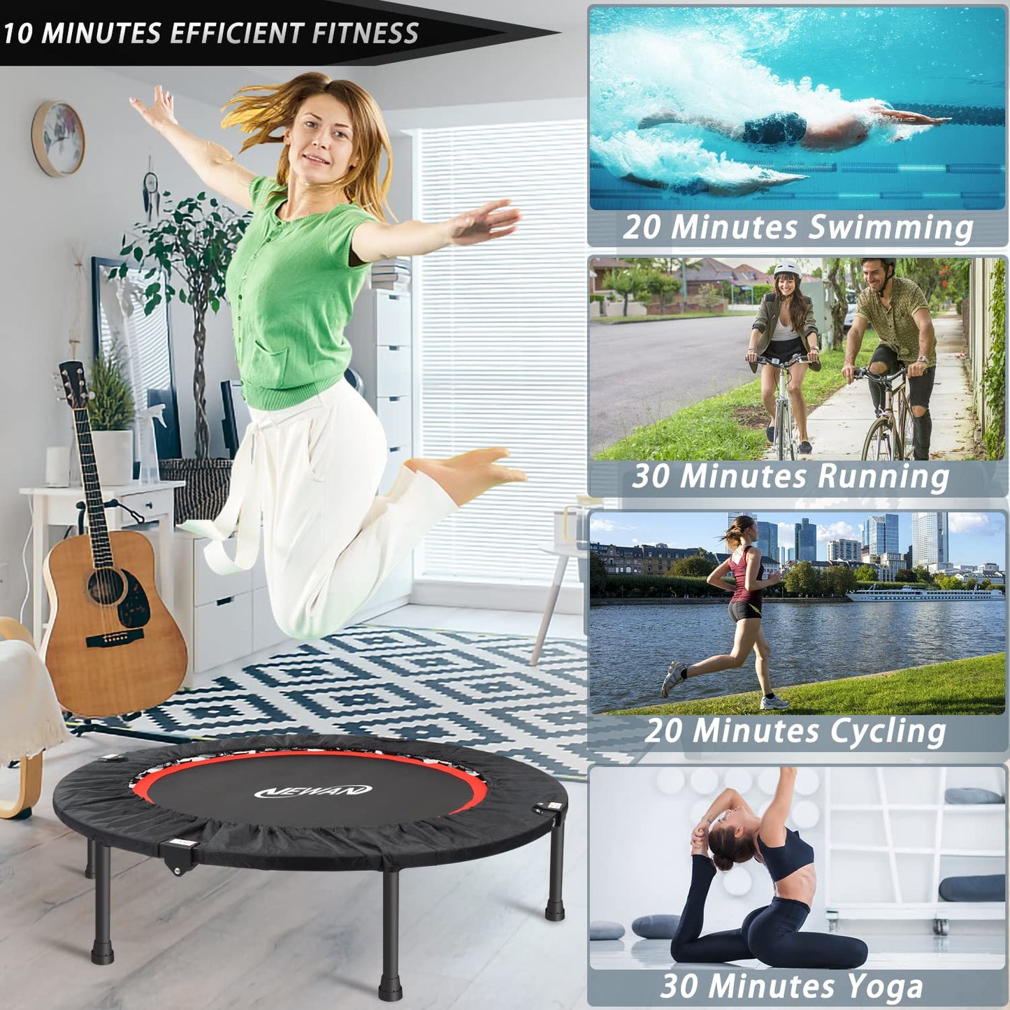 NEWAN 40''Foldable Fitness Trampoline,Mini Rebounder with Safety Pad,Exercise Trampoline for Adults Indoor/Outdoor Jumping Cardio Trainer Workout (Max 300lbs)