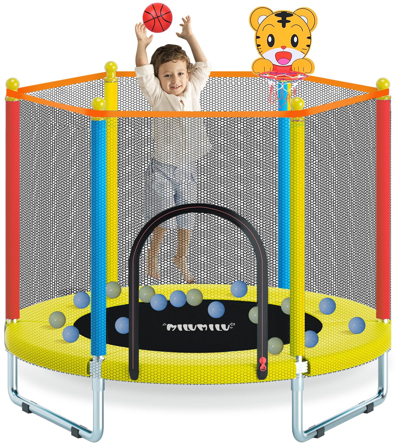 Indoor Outdoor 60" Trampoline for Kids,MILUMILU Toddler Trampoline with Safety Enclosure Net,Mini Baby Trampoline with Basketball Hoop,Trampoline Jumping Mat Birthday Gifts for Children Boy Girl.