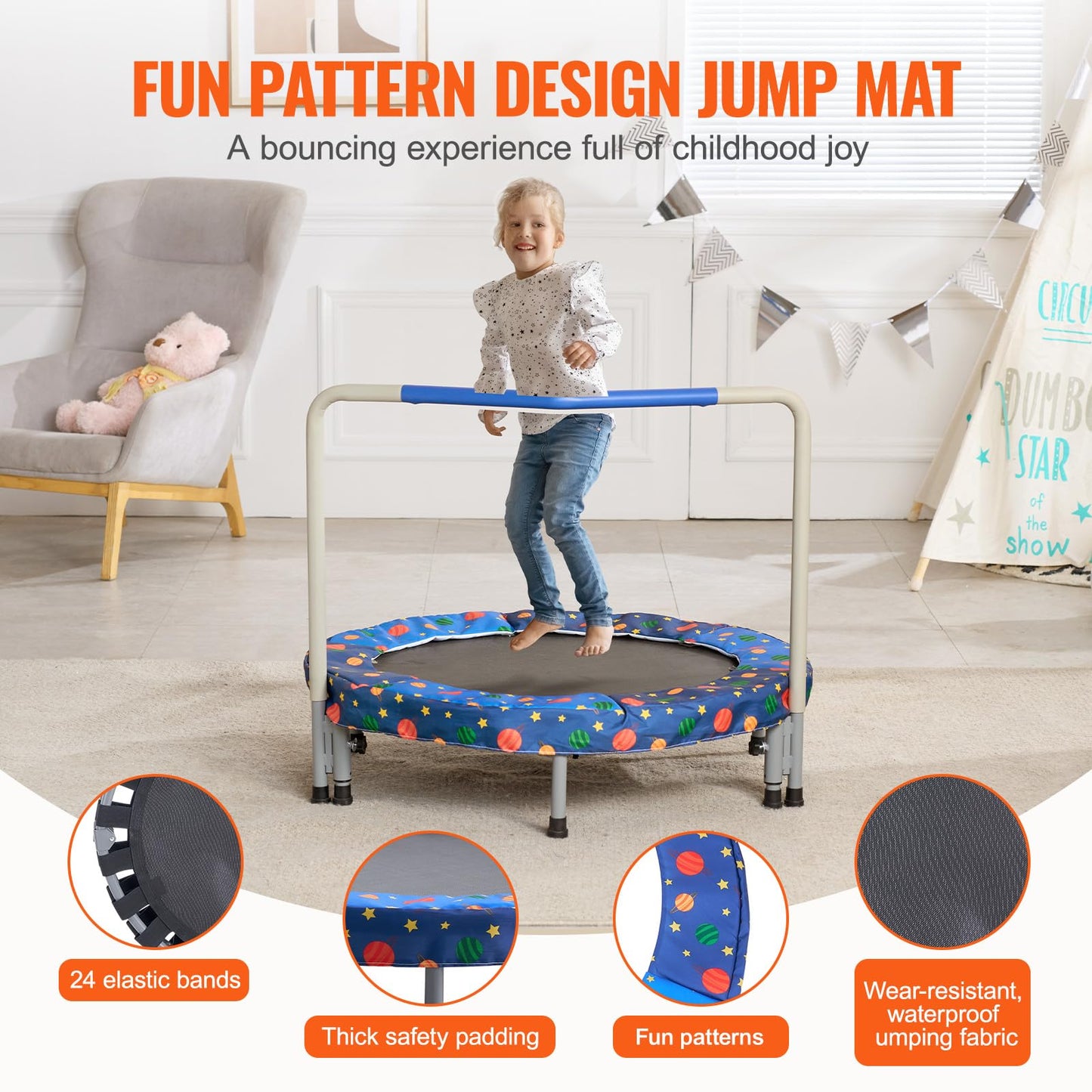 VEVOR 36" Kids Trampoline, 3FT Indoor Outdoor Trampoline, Foldable Mini Trampoline with Handle, Rebounder Trampoline for Toddlers, Birthday Gift for 3+ Years Children, Boys Girls for Fun, Bule