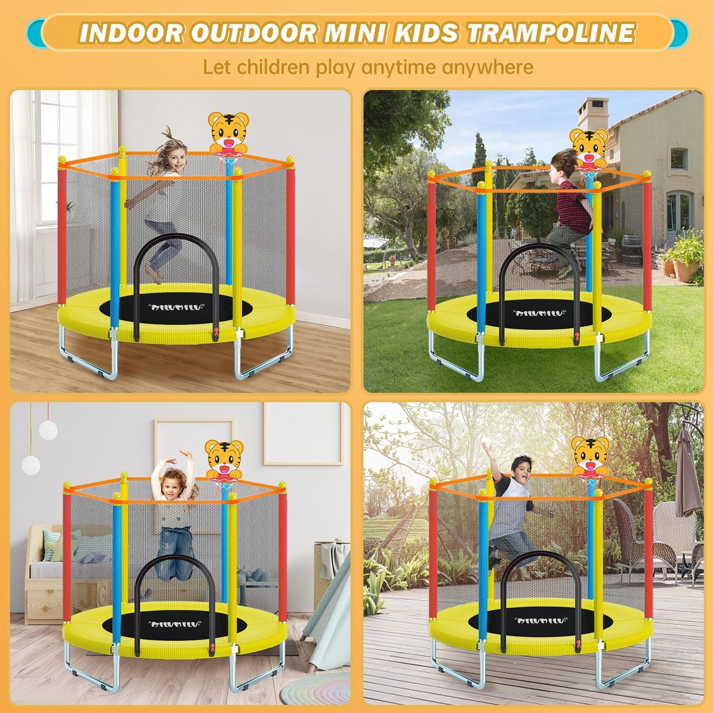 Indoor Outdoor 60" Trampoline for Kids,MILUMILU Toddler Trampoline with Safety Enclosure Net,Mini Baby Trampoline with Basketball Hoop,Trampoline Jumping Mat Birthday Gifts for Children Boy Girl.